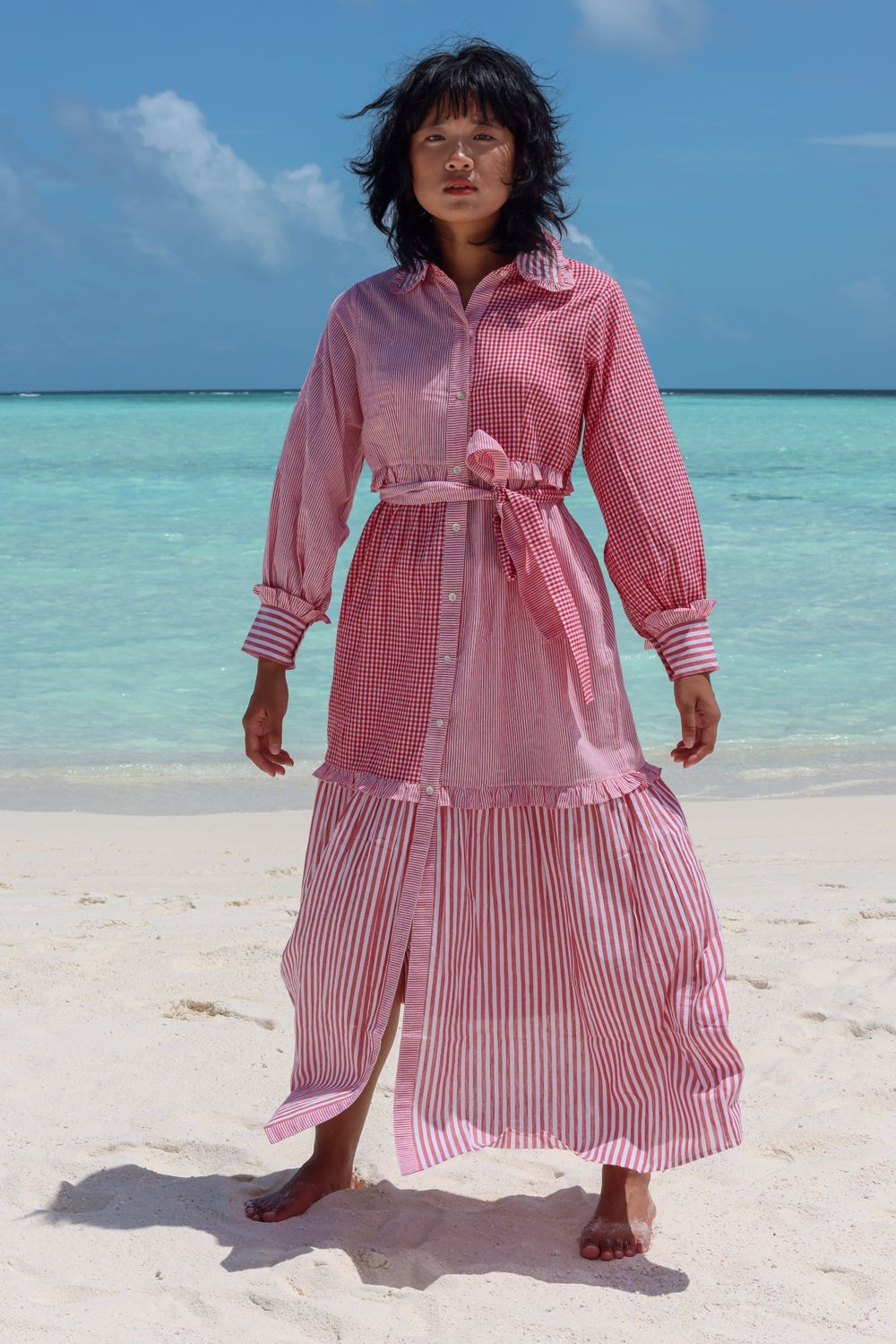 Recycled Cotton Pink Tiered Dress by Raas with Azo Free Dyes, Casual Wear, Cotton, Layla, Maxi Dresses, Pink, Recycled, Relaxed Fit, Solids, Tiered Dresses, Womenswear at Kamakhyaa for sustainable fashion