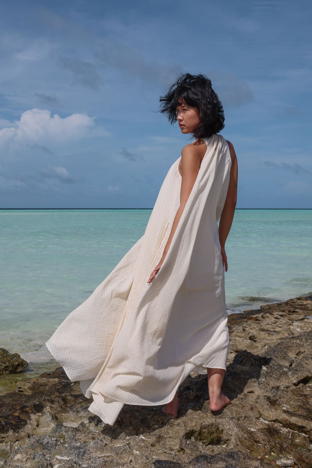 Recycled Cotton Off-White Sleeveless Dress by Raas with Azo Free Dyes, Cotton, Halter Neck Dresses, Layla, Maxi Dresses, Off-White, Recycled, Relaxed Fit, Resort Wear, Sleeveless Dresses, Solids, Womenswear at Kamakhyaa for sustainable fashion