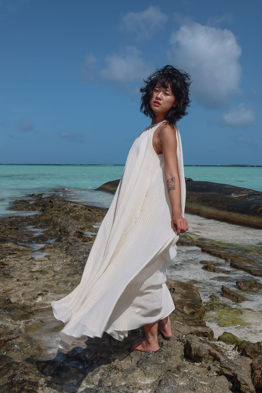 Recycled Cotton Off-White Sleeveless Dress by Raas with Azo Free Dyes, Cotton, Halter Neck Dresses, Layla, Maxi Dresses, Off-White, Recycled, Relaxed Fit, Resort Wear, Sleeveless Dresses, Solids, Womenswear at Kamakhyaa for sustainable fashion