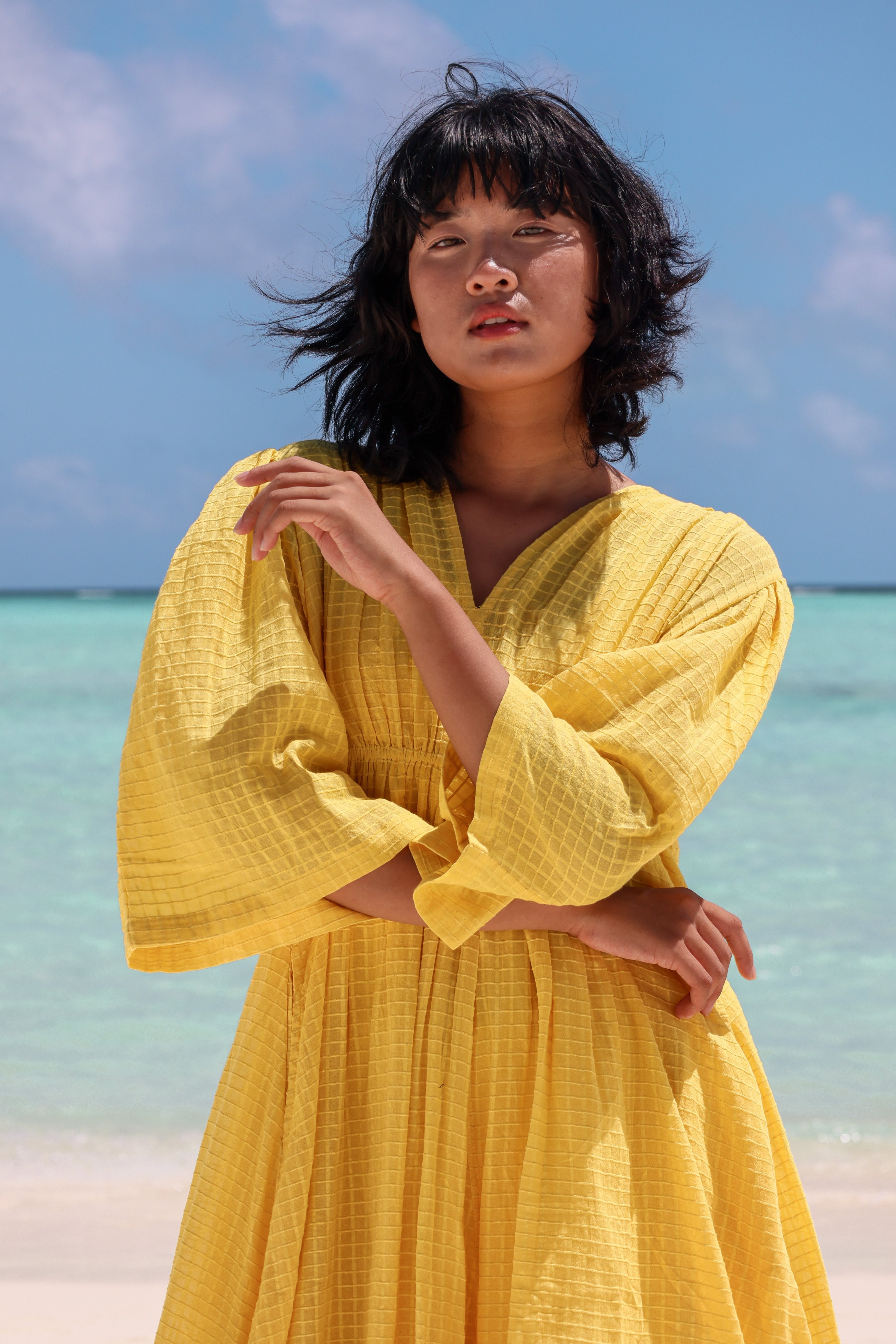 Recycled Cotton Yellow Maxi Dress by Raas with Azo Free Dyes, Best Selling, Layla, Maxi Dresses, Recycled, Recycled Cotton, Relaxed Fit, Resort Wear, Solids, Womenswear, Yellow at Kamakhyaa for sustainable fashion