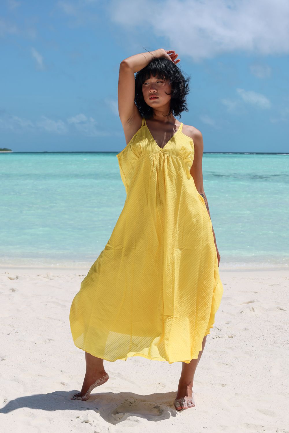 Recycled Cotton Yellow Solid Midi Dress by Raas with Azo Free Dyes, Cotton, Layla, Midi Dresses, Recycled, Relaxed Fit, Resort Wear, Sleeveless Dresses, Solids, Womenswear, Yellow at Kamakhyaa for sustainable fashion