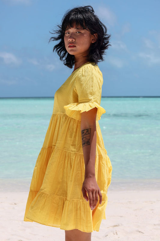Recycled Cotton Yellow Tiered Dress by Raas with Azo Free Dyes, Cotton, Layla, Mini Dresses, Recycled, Relaxed Fit, Resort Wear, Solids, Tiered Dresses, Womenswear, Yellow at Kamakhyaa for sustainable fashion