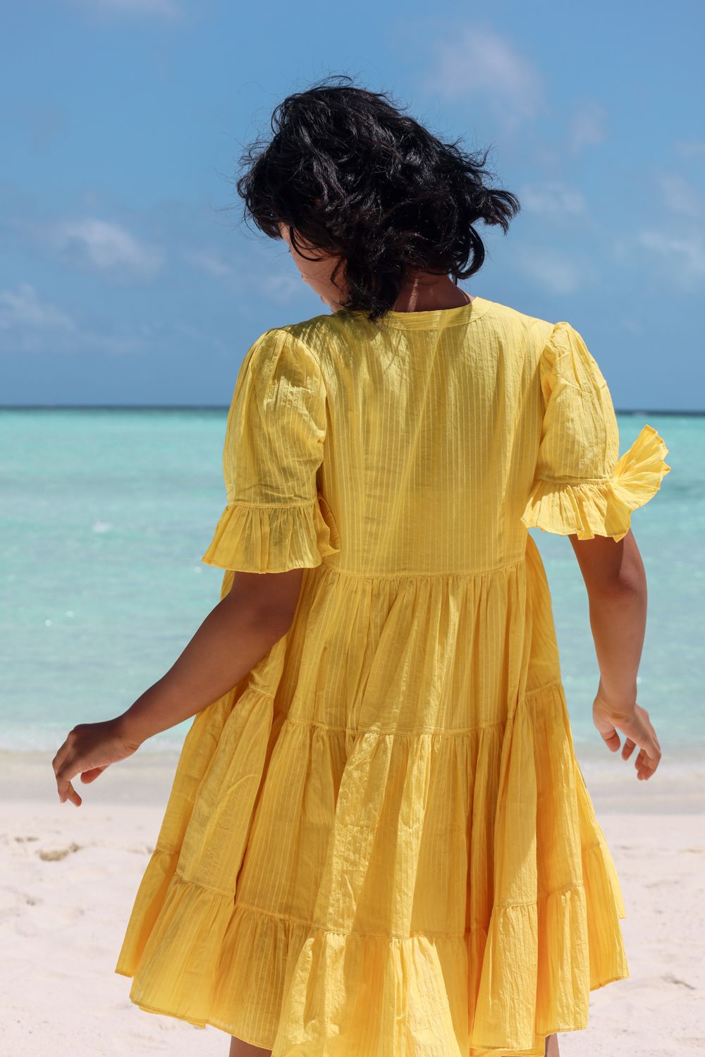 Recycled Cotton Yellow Tiered Dress by Raas with Azo Free Dyes, Cotton, Layla, Mini Dresses, Recycled, Relaxed Fit, Resort Wear, Solids, Tiered Dresses, Womenswear, Yellow at Kamakhyaa for sustainable fashion