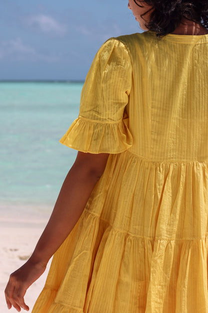 Recycled Cotton Yellow Tiered Dress by Raas with Azo Free Dyes, Cotton, Layla, Mini Dresses, Recycled, Relaxed Fit, Resort Wear, Solids, Tiered Dresses, Womenswear, Yellow at Kamakhyaa for sustainable fashion