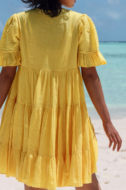 Recycled Cotton Yellow Tiered Dress by Raas with Azo Free Dyes, Cotton, Layla, Mini Dresses, Recycled, Relaxed Fit, Resort Wear, Solids, Tiered Dresses, Womenswear, Yellow at Kamakhyaa for sustainable fashion