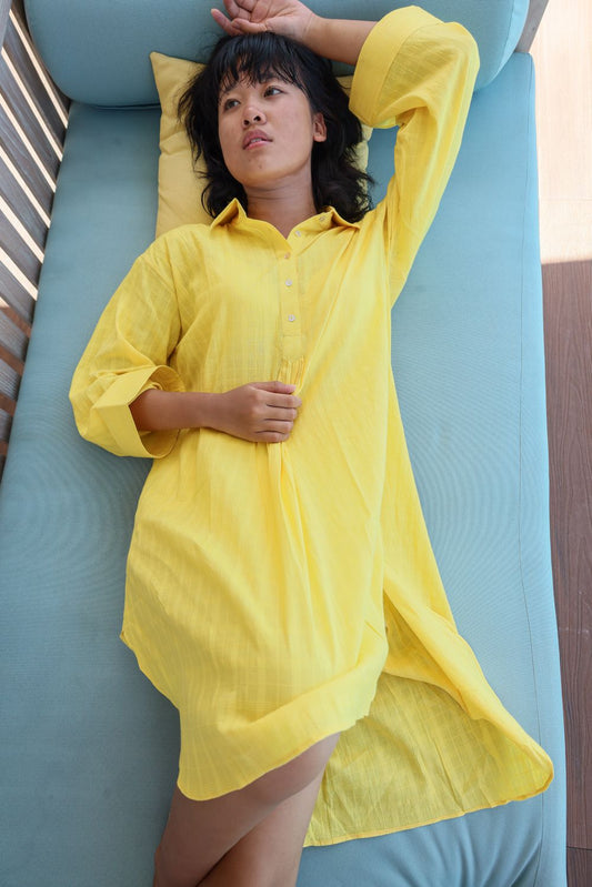 Recycled Yellow Cotton Shirt by Raas with Azo Free Dyes, Casual Wear, Cotton, Layla, Recycled, Relaxed Fit, Shirts, Solids, Womenswear, Yellow at Kamakhyaa for sustainable fashion