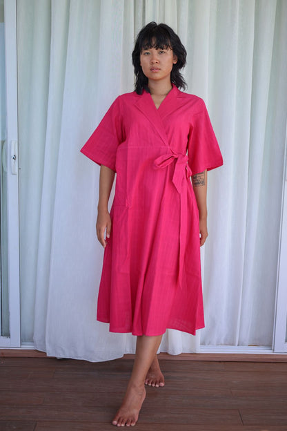 Recycled Cotton Pink Wrap Dress by Raas with Azo Free Dyes, Casual Wear, Cotton, Layla, Midi Dresses, Pink, Recycled, Relaxed Fit, Solids, Womenswear, Wrap Dresses at Kamakhyaa for sustainable fashion