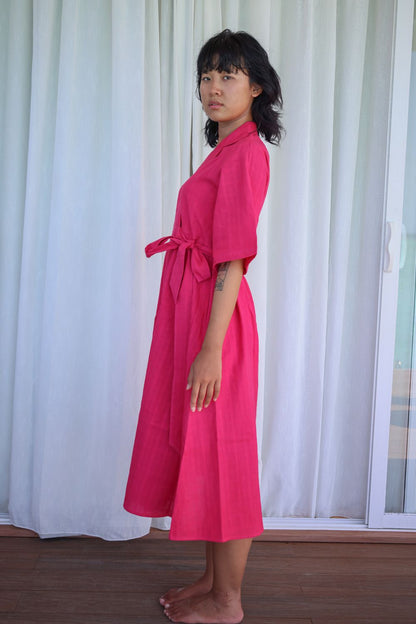 Recycled Cotton Pink Wrap Dress by Raas with Azo Free Dyes, Casual Wear, Cotton, Layla, Midi Dresses, Pink, Recycled, Relaxed Fit, Solids, Womenswear, Wrap Dresses at Kamakhyaa for sustainable fashion