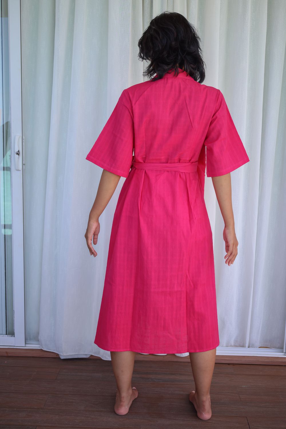 Recycled Cotton Pink Wrap Dress by Raas with Azo Free Dyes, Casual Wear, Cotton, Layla, Midi Dresses, Pink, Recycled, Relaxed Fit, Solids, Womenswear, Wrap Dresses at Kamakhyaa for sustainable fashion