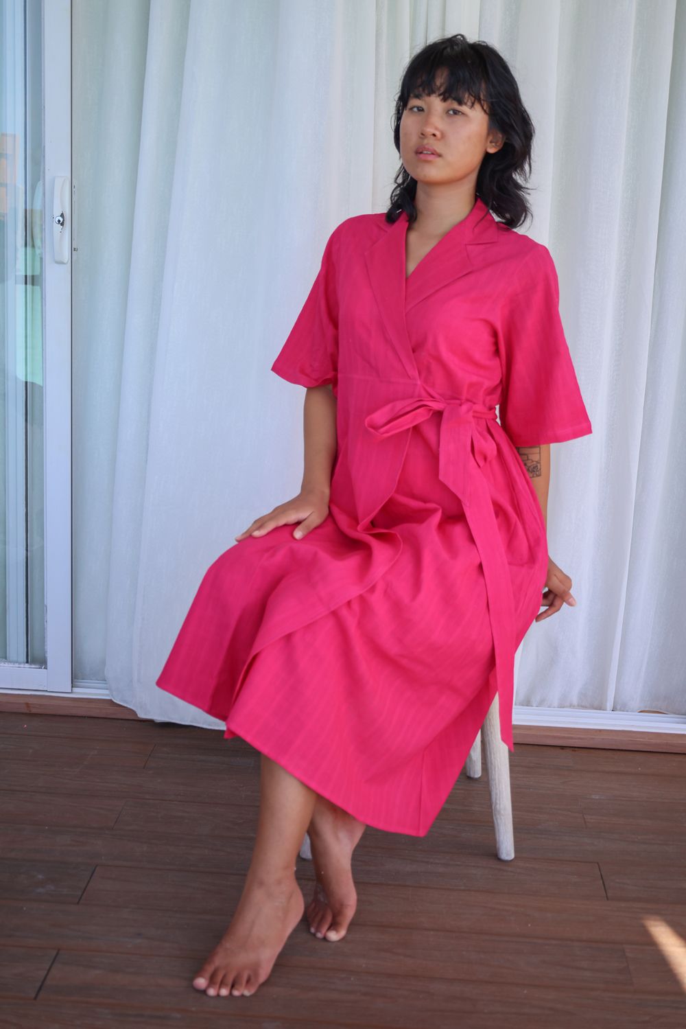 Recycled Cotton Pink Wrap Dress by Raas with Azo Free Dyes, Casual Wear, Cotton, Layla, Midi Dresses, Pink, Recycled, Relaxed Fit, Solids, Womenswear, Wrap Dresses at Kamakhyaa for sustainable fashion
