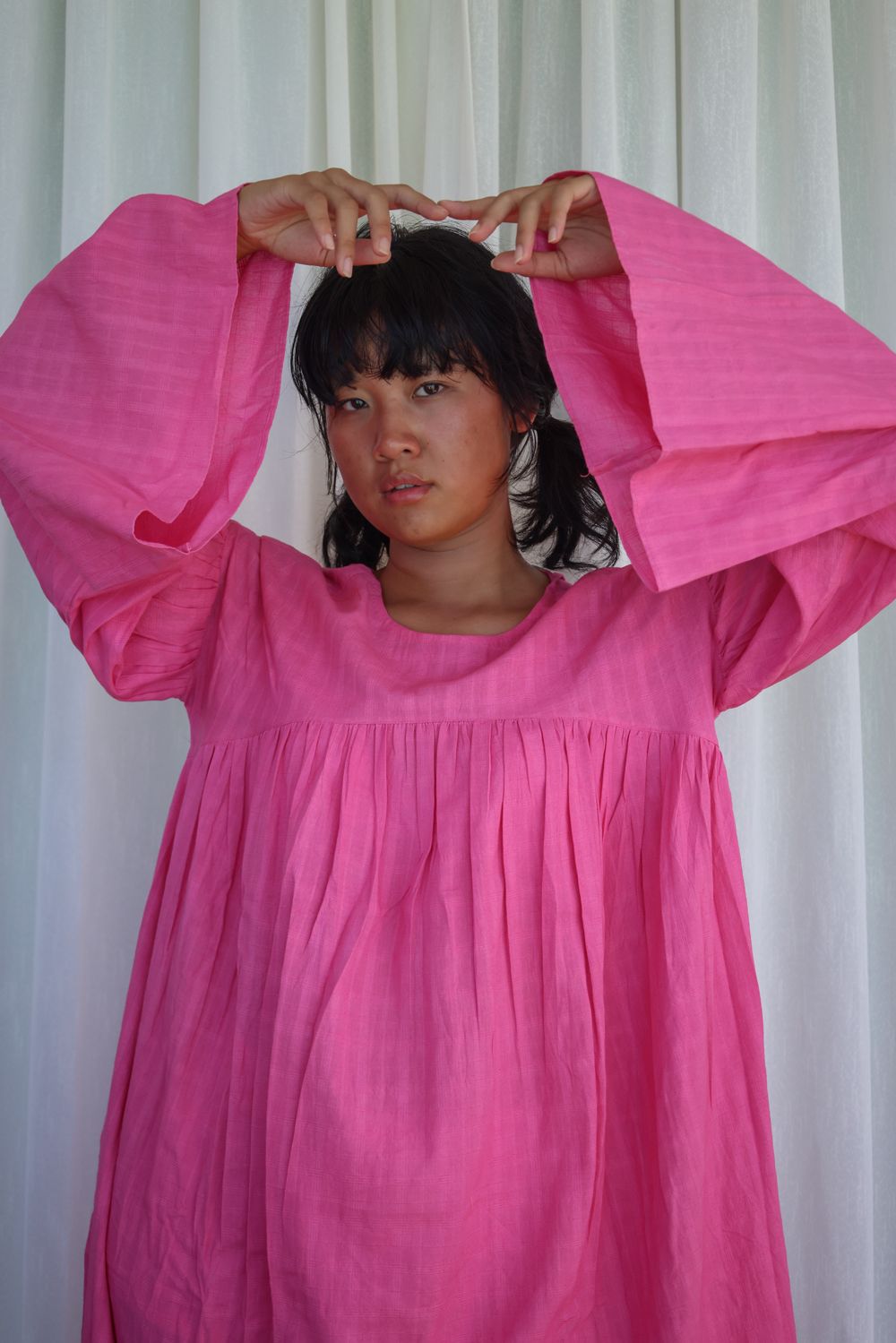 Recycled Cotton Pink Midi Dress by Raas with Azo Free Dyes, Cotton, Layla, Midi Dresses, Pink, Recycled, Relaxed Fit, Resort Wear, Solids, Womenswear at Kamakhyaa for sustainable fashion