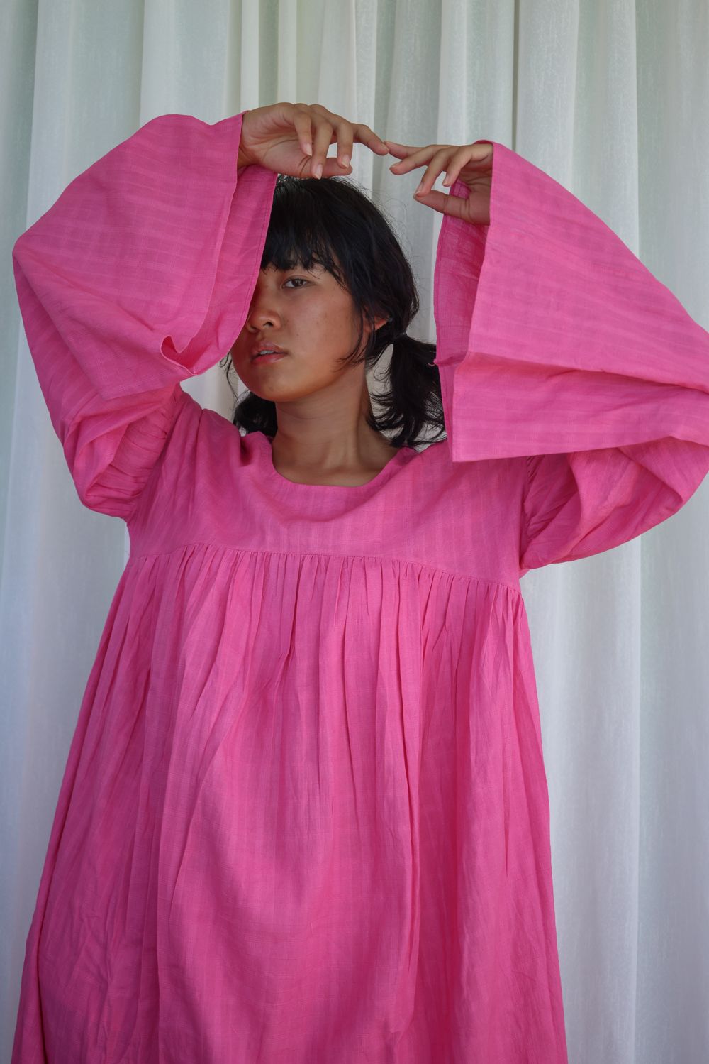 Recycled Cotton Pink Midi Dress by Raas with Azo Free Dyes, Cotton, Layla, Midi Dresses, Pink, Recycled, Relaxed Fit, Resort Wear, Solids, Womenswear at Kamakhyaa for sustainable fashion