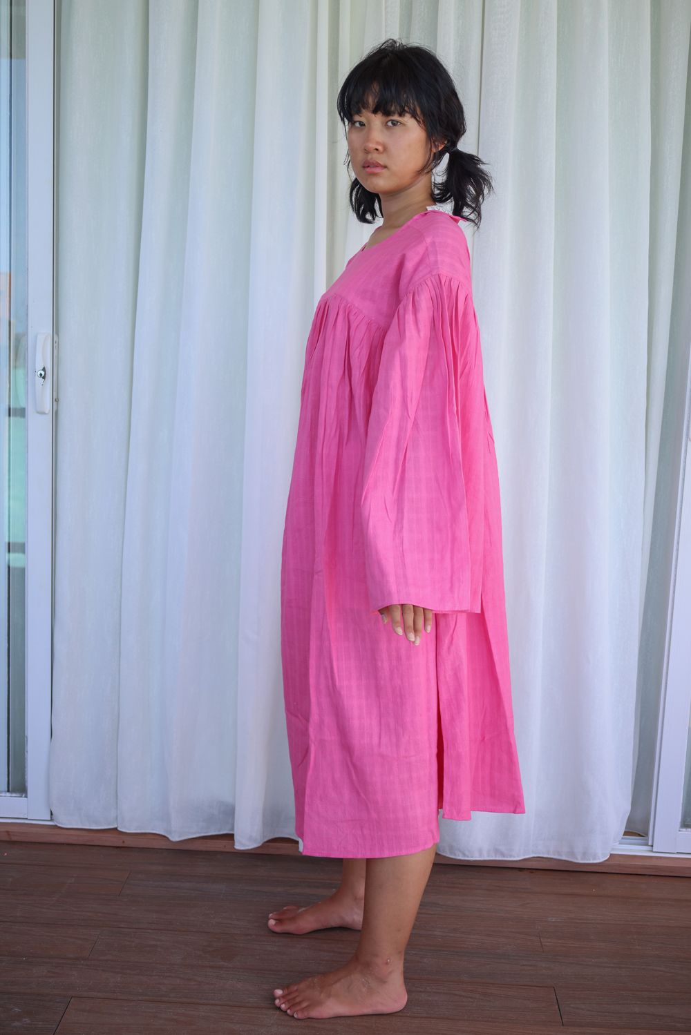 Recycled Cotton Pink Midi Dress by Raas with Azo Free Dyes, Cotton, Layla, Midi Dresses, Pink, Recycled, Relaxed Fit, Resort Wear, Solids, Womenswear at Kamakhyaa for sustainable fashion