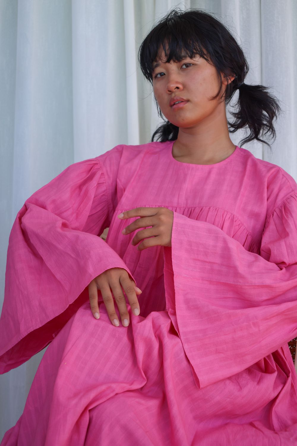 Recycled Cotton Pink Midi Dress by Raas with Azo Free Dyes, Cotton, Layla, Midi Dresses, Pink, Recycled, Relaxed Fit, Resort Wear, Solids, Womenswear at Kamakhyaa for sustainable fashion