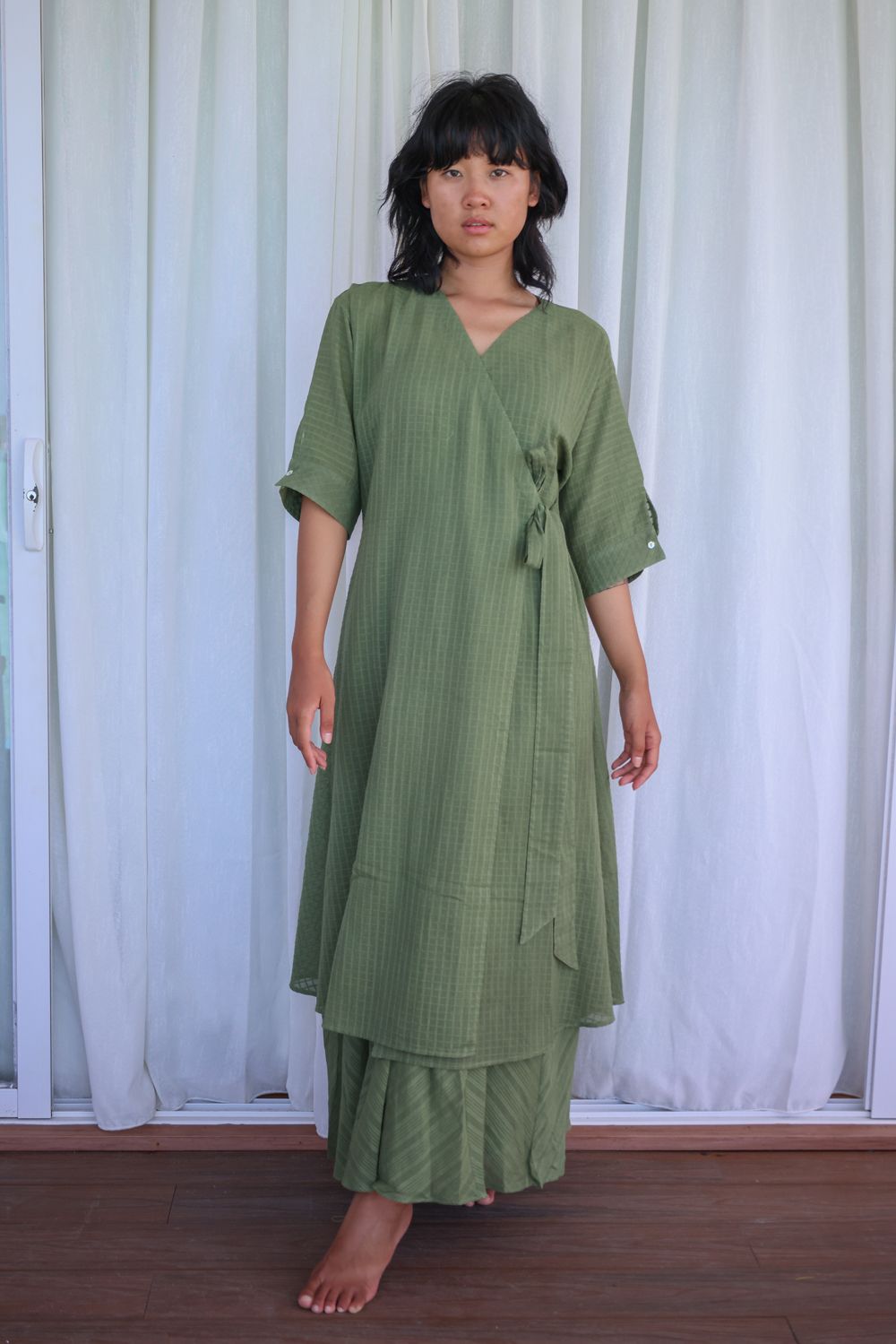 Recycled Cotton Green Solid Midi Dress by Raas with Azo Free Dyes, Casual Wear, Cotton, Green, Layla, Midi Dresses, Recycled, Relaxed Fit, Solids, Womenswear, Wrap Dresses at Kamakhyaa for sustainable fashion