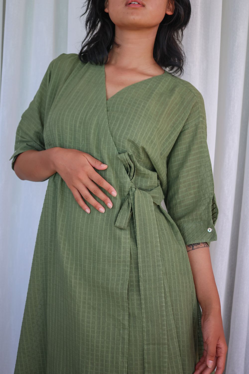 Recycled Cotton Green Solid Midi Dress by Raas with Azo Free Dyes, Casual Wear, Cotton, Green, Layla, Midi Dresses, Recycled, Relaxed Fit, Solids, Womenswear, Wrap Dresses at Kamakhyaa for sustainable fashion