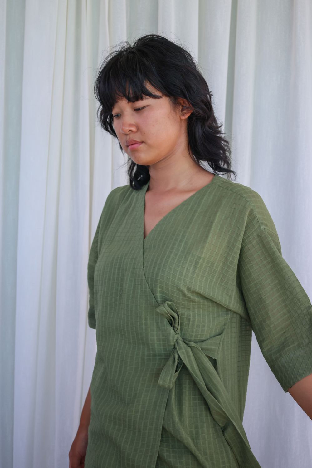 Recycled Cotton Green Solid Midi Dress by Raas with Azo Free Dyes, Casual Wear, Cotton, Green, Layla, Midi Dresses, Recycled, Relaxed Fit, Solids, Womenswear, Wrap Dresses at Kamakhyaa for sustainable fashion