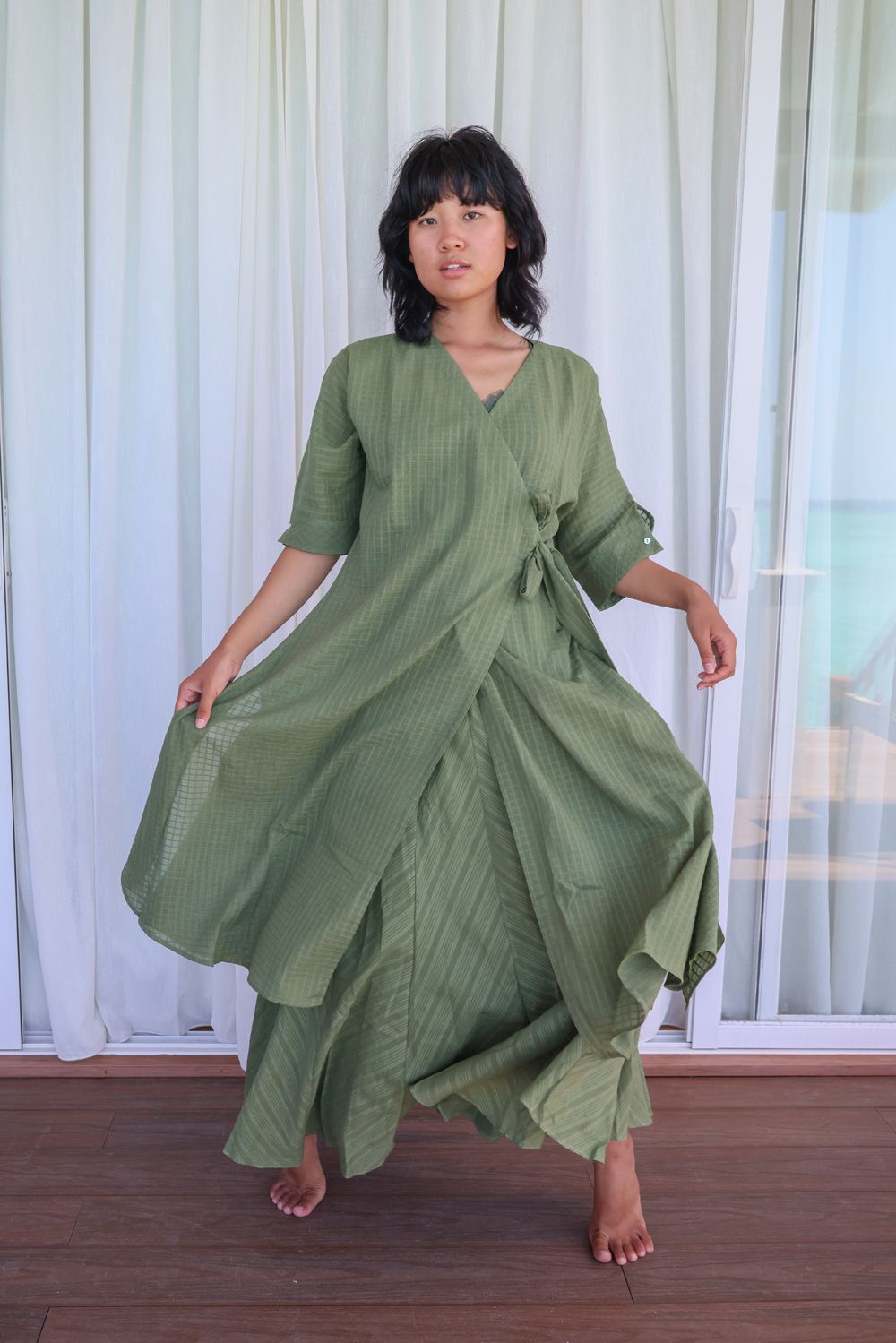 Recycled Cotton Green Solid Midi Dress by Raas with Azo Free Dyes, Casual Wear, Cotton, Green, Layla, Midi Dresses, Recycled, Relaxed Fit, Solids, Womenswear, Wrap Dresses at Kamakhyaa for sustainable fashion