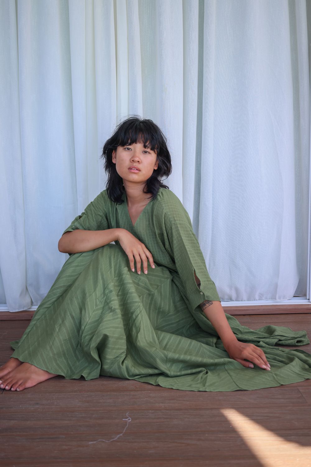 Recycled Cotton Green Solid Midi Dress by Raas with Azo Free Dyes, Casual Wear, Cotton, Green, Layla, Midi Dresses, Recycled, Relaxed Fit, Solids, Womenswear, Wrap Dresses at Kamakhyaa for sustainable fashion