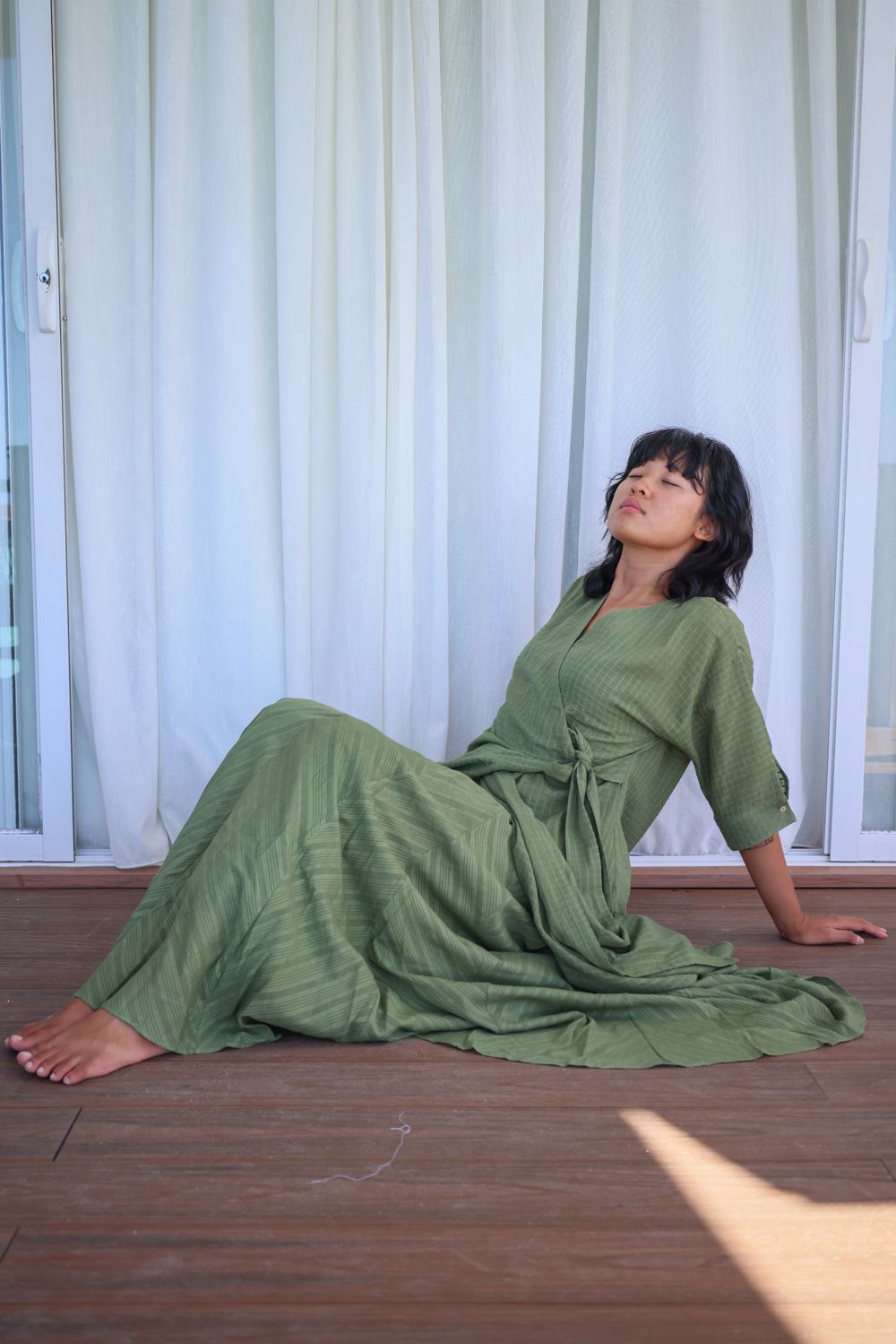 Recycled Cotton Green Solid Midi Dress at Kamakhyaa by Raas. This item is Azo Free Dyes, Casual Wear, Cotton, Green, Layla, Midi Dresses, Recycled, Relaxed Fit, Solids, Womenswear, Wrap Dresses