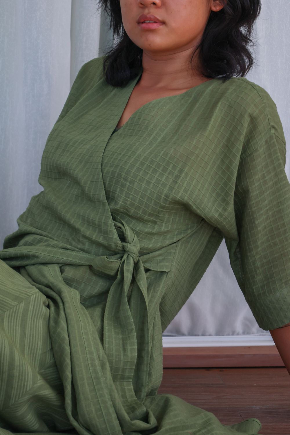 Recycled Cotton Green Solid Midi Dress at Kamakhyaa by Raas. This item is Azo Free Dyes, Casual Wear, Cotton, Green, Layla, Midi Dresses, Recycled, Relaxed Fit, Solids, Womenswear, Wrap Dresses