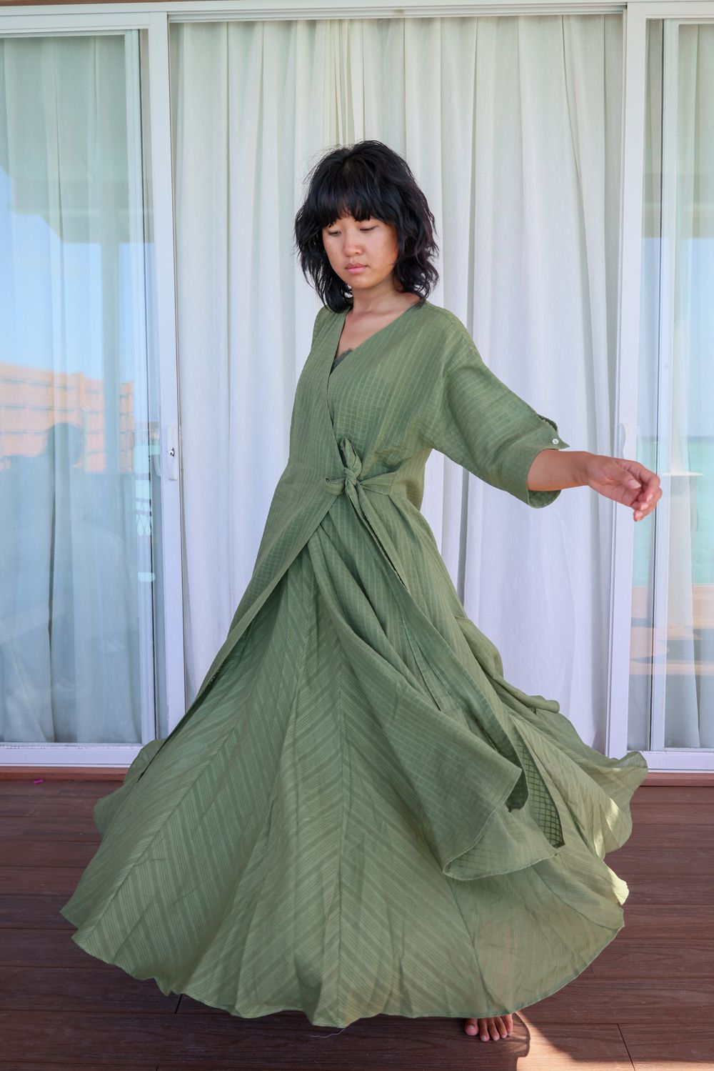 Recycled Cotton Green Solid Midi Dress by Raas with Azo Free Dyes, Casual Wear, Cotton, Green, Layla, Midi Dresses, Recycled, Relaxed Fit, Solids, Womenswear, Wrap Dresses at Kamakhyaa for sustainable fashion