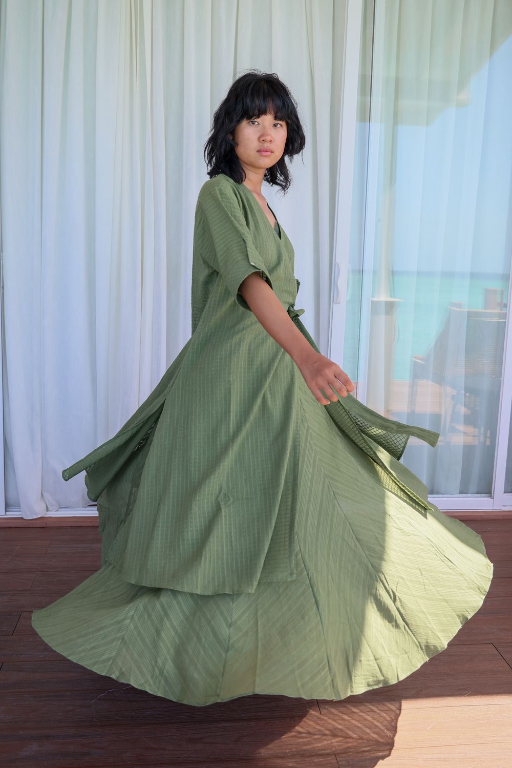 Recycled Cotton Green Solid Midi Dress by Raas with Azo Free Dyes, Casual Wear, Cotton, Green, Layla, Midi Dresses, Recycled, Relaxed Fit, Solids, Womenswear, Wrap Dresses at Kamakhyaa for sustainable fashion