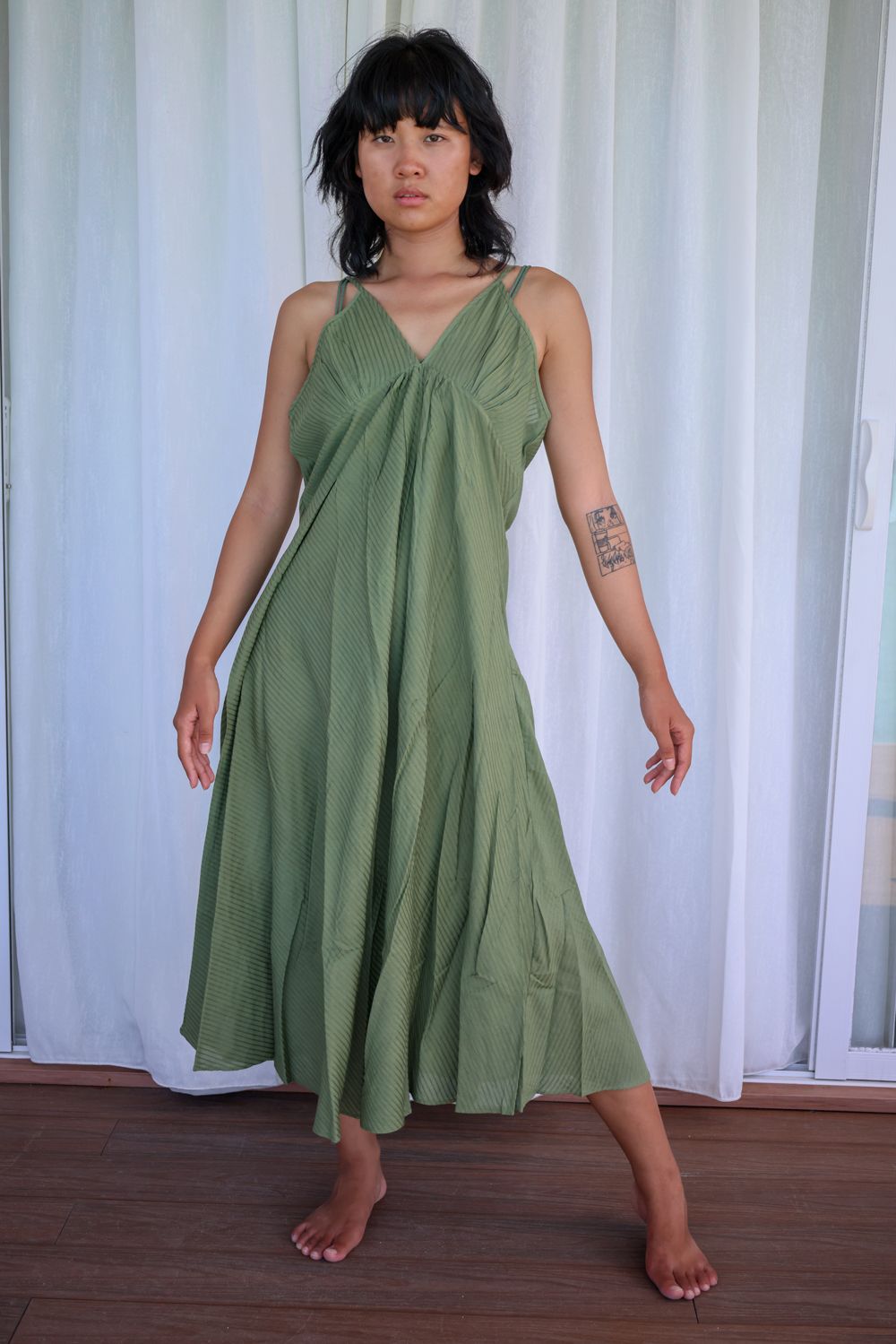 Recycled Cotton Green Sleeveless Dress by Raas with Azo Free Dyes, Cotton, Green, Layla, Midi Dresses, Recycled, Relaxed Fit, Resort Wear, Sleeveless Dresses, Solid Selfmade, Solids, Womenswear at Kamakhyaa for sustainable fashion