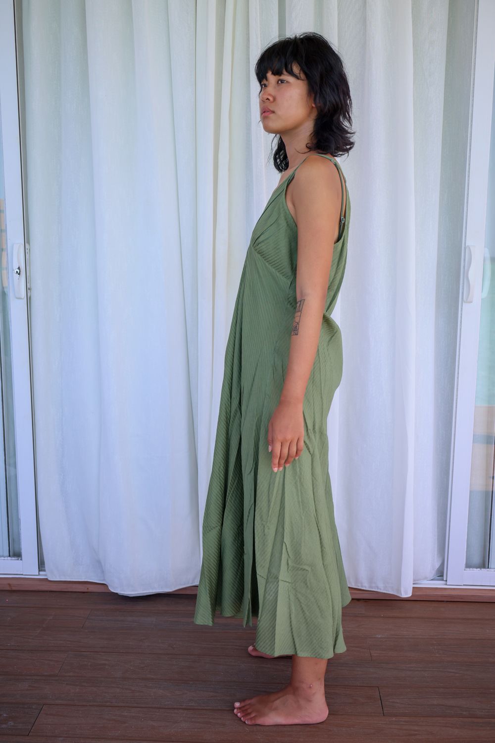 Recycled Cotton Green Sleeveless Dress by Raas with Azo Free Dyes, Cotton, Green, Layla, Midi Dresses, Recycled, Relaxed Fit, Resort Wear, Sleeveless Dresses, Solid Selfmade, Solids, Womenswear at Kamakhyaa for sustainable fashion