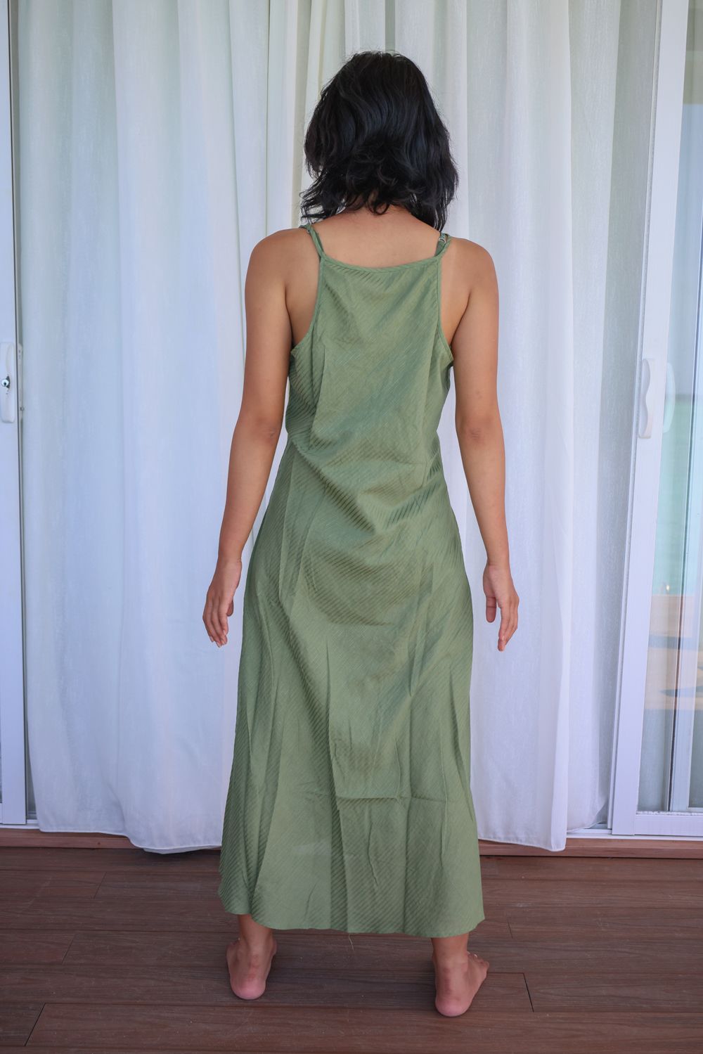 Recycled Cotton Green Sleeveless Dress by Raas with Azo Free Dyes, Cotton, Green, Layla, Midi Dresses, Recycled, Relaxed Fit, Resort Wear, Sleeveless Dresses, Solid Selfmade, Solids, Womenswear at Kamakhyaa for sustainable fashion