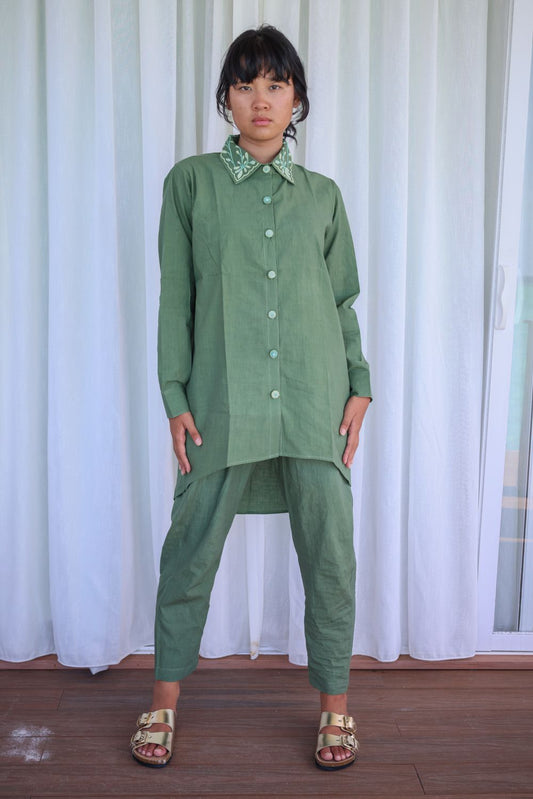Recycled Cotton Green Solid Shirt With Embroidered Collar by Raas with Azo Free Dyes, Cotton, Green, Layla, Office Wear, Recycled, Relaxed Fit, Shirts, Solids, Womenswear at Kamakhyaa for sustainable fashion