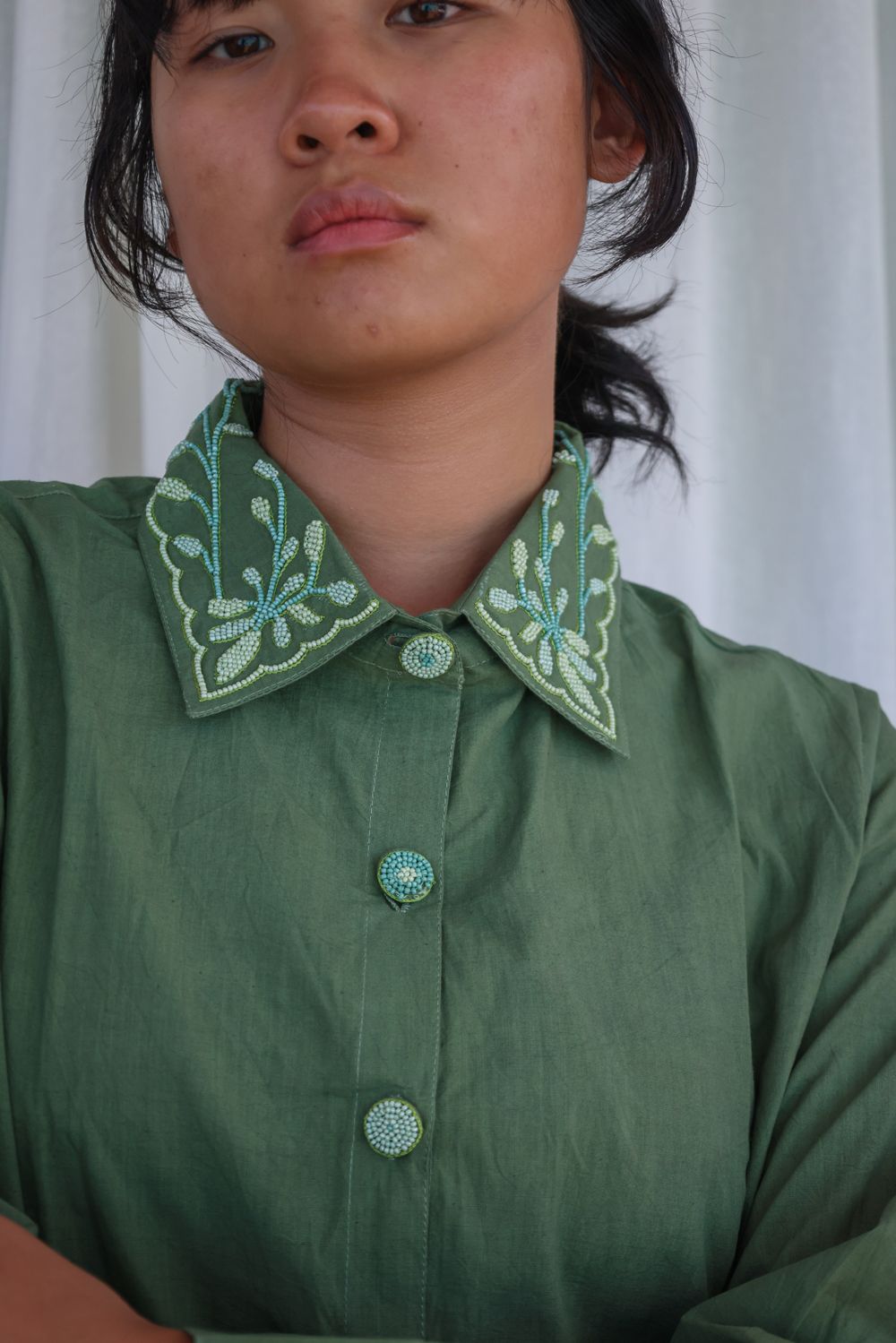 Recycled Cotton Green Solid Shirt With Embroidered Collar by Raas with Azo Free Dyes, Cotton, Green, Layla, Office Wear, Recycled, Relaxed Fit, Shirts, Solids, Womenswear at Kamakhyaa for sustainable fashion