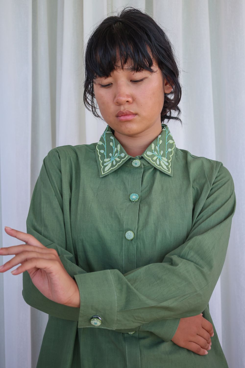 Recycled Cotton Green Solid Shirt With Embroidered Collar by Raas with Azo Free Dyes, Cotton, Green, Layla, Office Wear, Recycled, Relaxed Fit, Shirts, Solids, Womenswear at Kamakhyaa for sustainable fashion