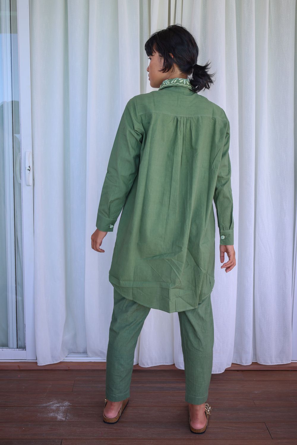 Recycled Cotton Green Solid Shirt With Embroidered Collar by Raas with Azo Free Dyes, Cotton, Green, Layla, Office Wear, Recycled, Relaxed Fit, Shirts, Solids, Womenswear at Kamakhyaa for sustainable fashion