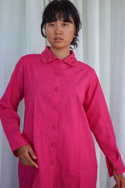 Recycled Cotton Pink Solid Shirt by Raas with Azo Free Dyes, Best Selling, Cotton, Layla, Office Wear, Pink, Recycled, Relaxed Fit, Shirts, Solids, Womenswear at Kamakhyaa for sustainable fashion