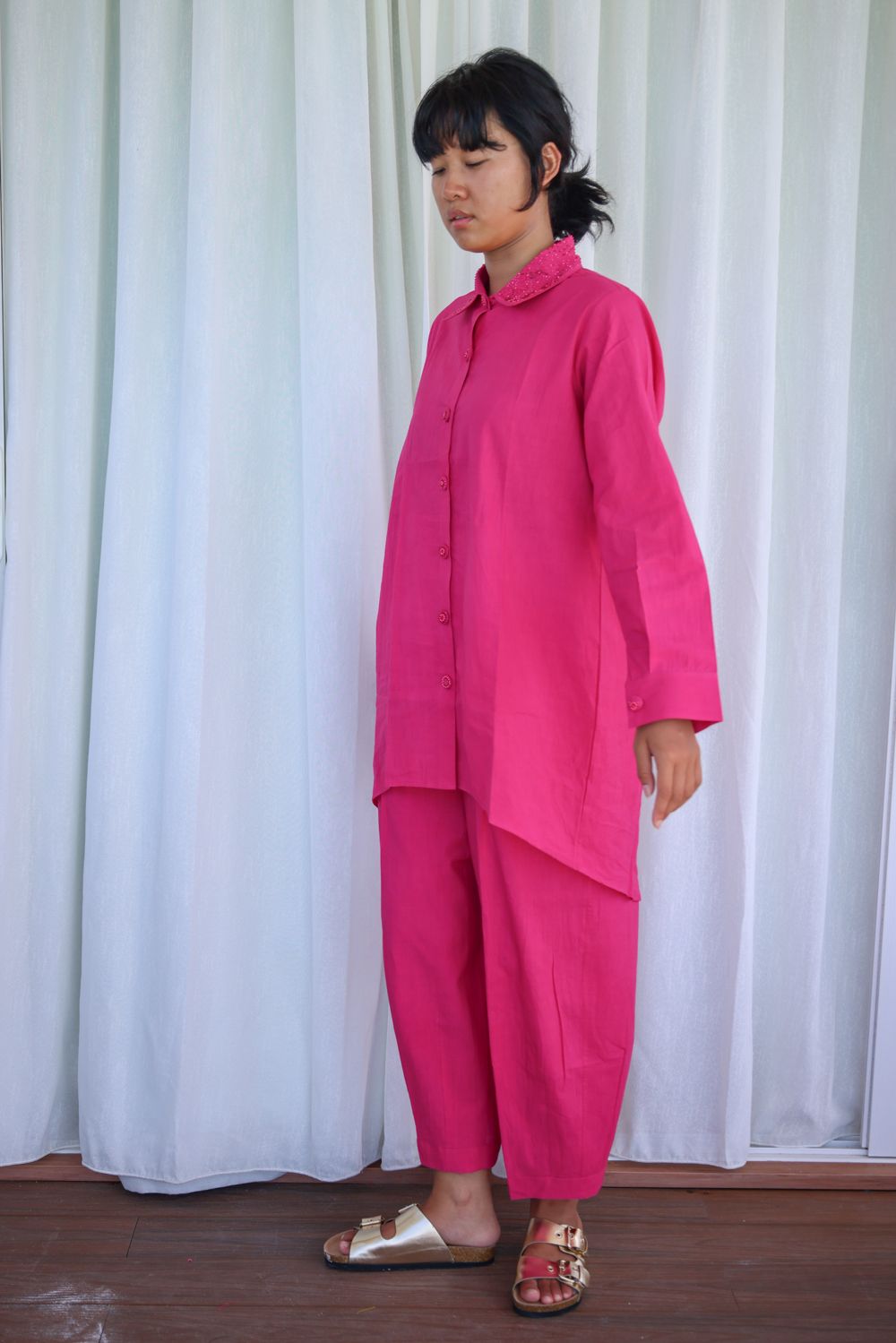 Recycled Cotton Pink Solid Shirt by Raas with Azo Free Dyes, Best Selling, Cotton, Layla, Office Wear, Pink, Recycled, Relaxed Fit, Shirts, Solids, Womenswear at Kamakhyaa for sustainable fashion