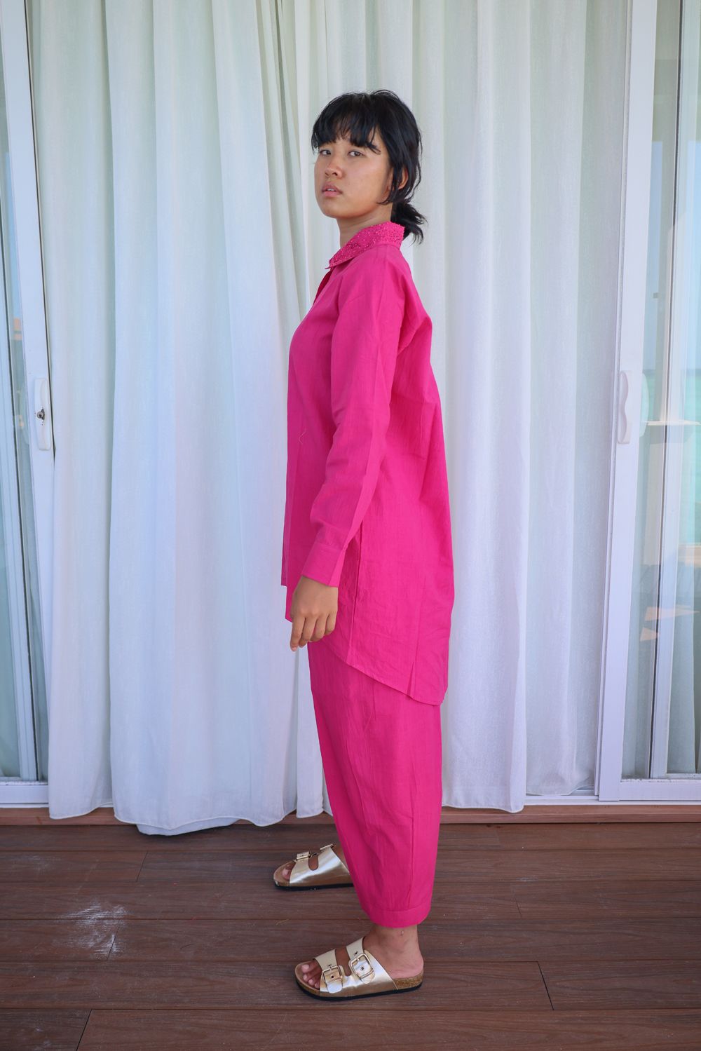 Recycled Pink Cotton Pants by Raas with Azo Free Dyes, Cotton, Layla, Office Wear, Pants, Pink, Recycled, Relaxed Fit, Solids, Womenswear at Kamakhyaa for sustainable fashion