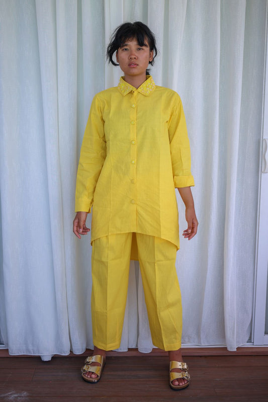 Recycled Yellow Cotton Pants by Raas with Azo Free Dyes, Cotton, Layla, Office Wear, Pants, Recycled, Relaxed Fit, Solids, Womenswear, Yellow at Kamakhyaa for sustainable fashion