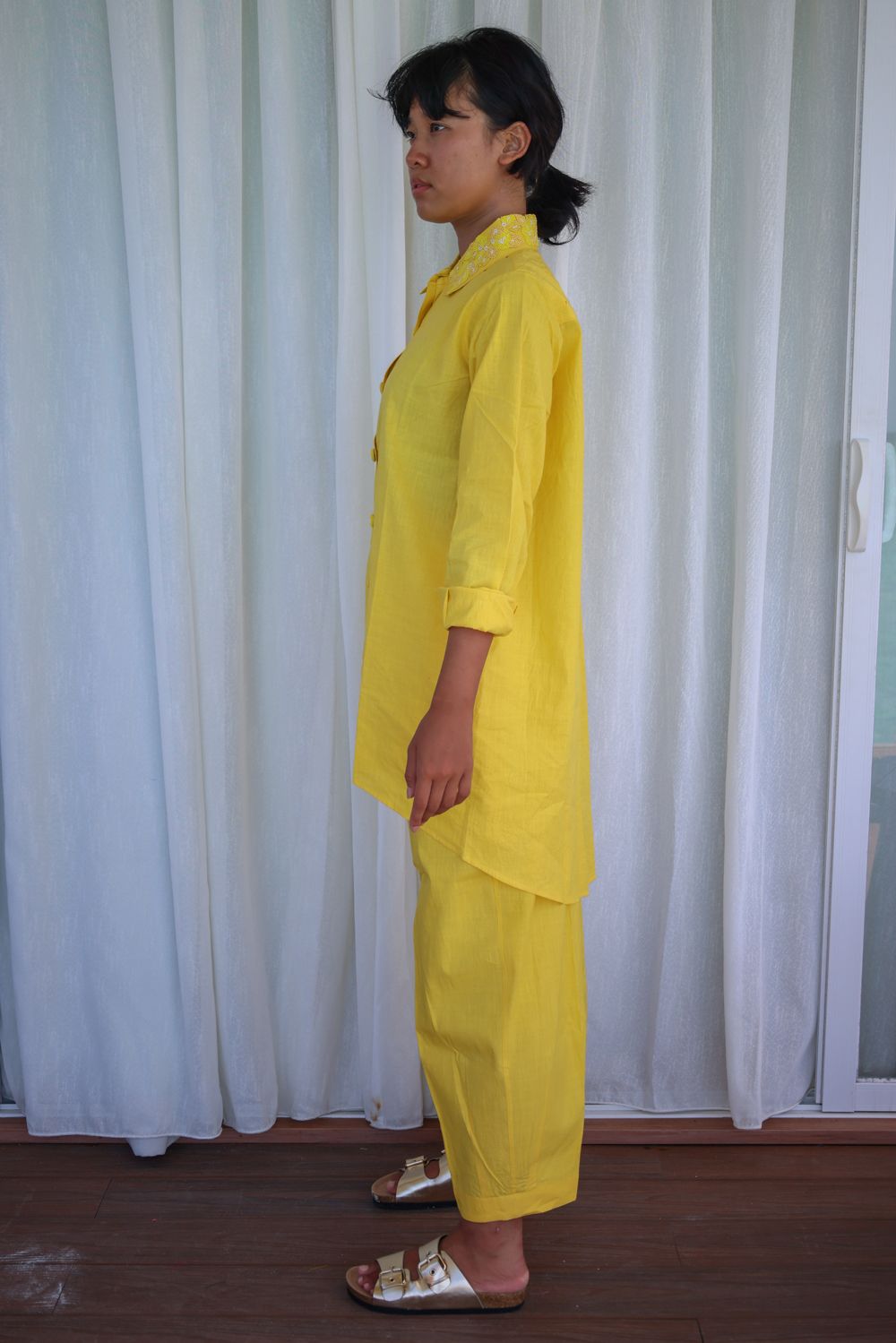 Recycled Yellow Cotton Pants by Raas with Azo Free Dyes, Cotton, Layla, Office Wear, Pants, Recycled, Relaxed Fit, Solids, Womenswear, Yellow at Kamakhyaa for sustainable fashion