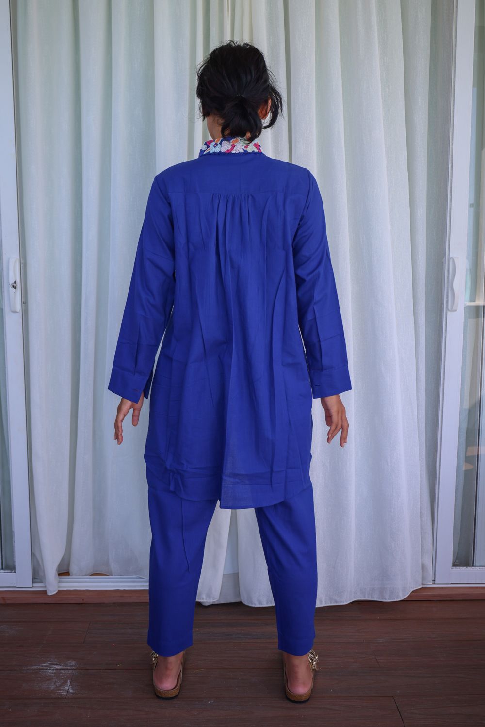 Recycled Blue Cotton Pants by Raas with Azo Free Dyes, Blue, Cotton, Layla, Office Wear, Pants, Recycled, Relaxed Fit, Solids, Womenswear at Kamakhyaa for sustainable fashion