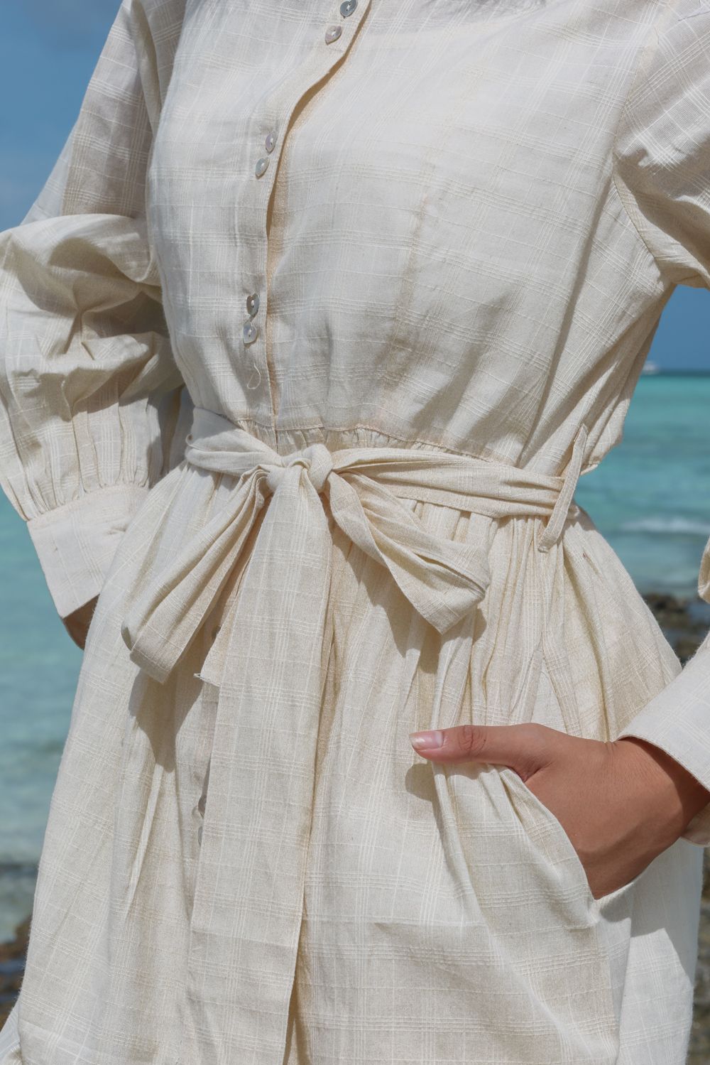 Recycled Cotton Off-White Maxi Dress by Raas with Azo Free Dyes, Casual Wear, Cotton, Layla, Maxi Dresses, Off-White, Recycled, Relaxed Fit, Shirt Dresses, Solids, Tiered Dresses, Womenswear at Kamakhyaa for sustainable fashion