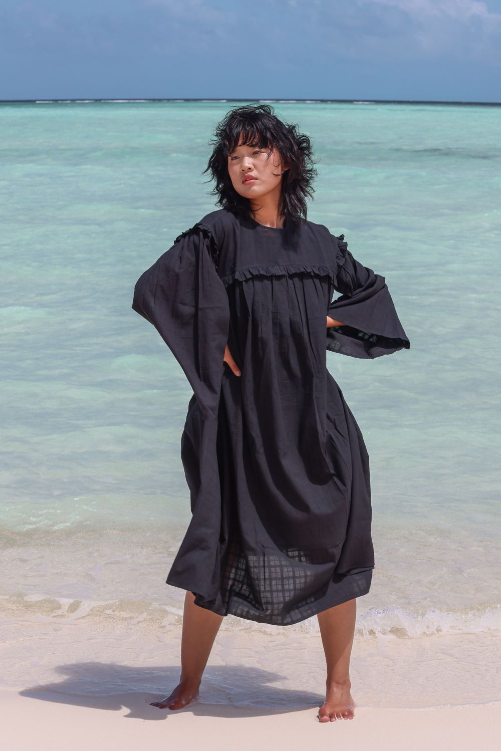 Recycled Cotton Black Solid Dress by Raas with Azo Free Dyes, Black, Cotton, Layla, Midi Dresses, Recycled, Relaxed Fit, Resort Wear, Solids, Womenswear at Kamakhyaa for sustainable fashion