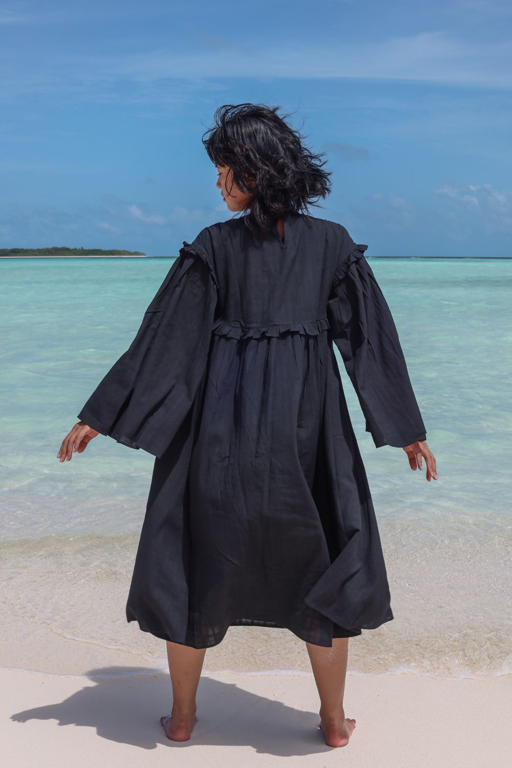 Recycled Cotton Black Solid Dress by Raas with Azo Free Dyes, Black, Cotton, Layla, Midi Dresses, Recycled, Relaxed Fit, Resort Wear, Solids, Womenswear at Kamakhyaa for sustainable fashion
