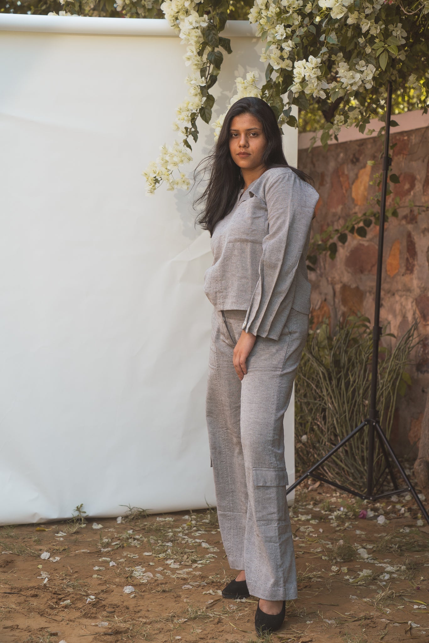 Pleated Sleeve Blouse & Patch Pocket Pants by Lafaani with 100% pure cotton, Black, Casual Wear, Grey, Loungewear Co-Ords, Natural with azo free dyes, Organic, Regular Fit, Solids, Sonder, Sonder by Lafaani, Womenswear at Kamakhyaa for sustainable fashion