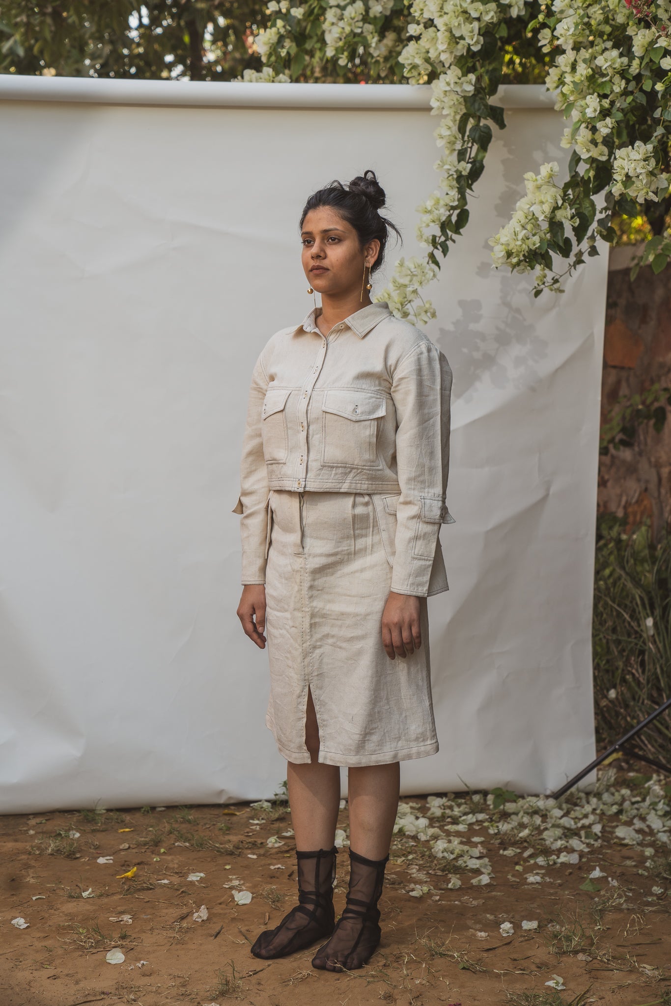 Cropped Jacket & Front Slit Skirt Set by Lafaani with 100% pure cotton, Casual Wear, Dress Sets, Kora, Organic, Regular Fit, Solids, Sonder, Sonder by Lafaani, Undyed and unbleached, Womenswear at Kamakhyaa for sustainable fashion