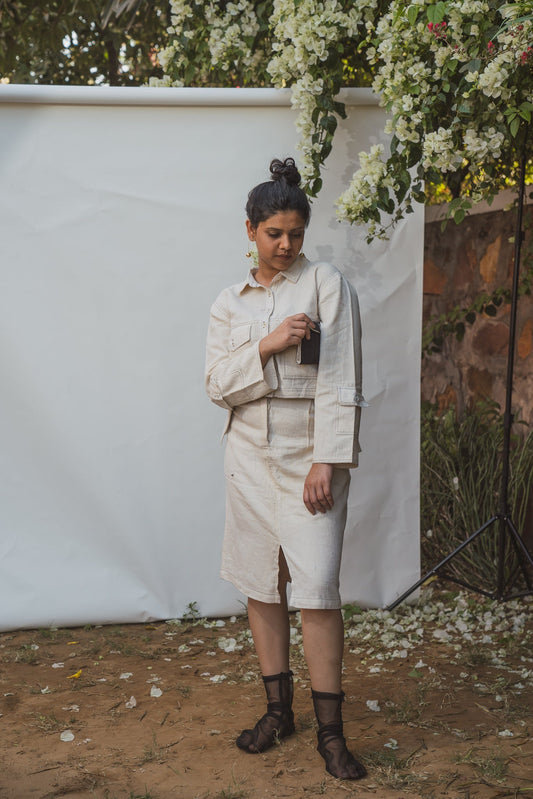 Cropped Jacket & Front Slit Skirt Set at Kamakhyaa by Lafaani. This item is 100% pure cotton, Casual Wear, Dress Sets, Kora, Organic, Regular Fit, Solids, Sonder, Undyed and unbleached, Womenswear