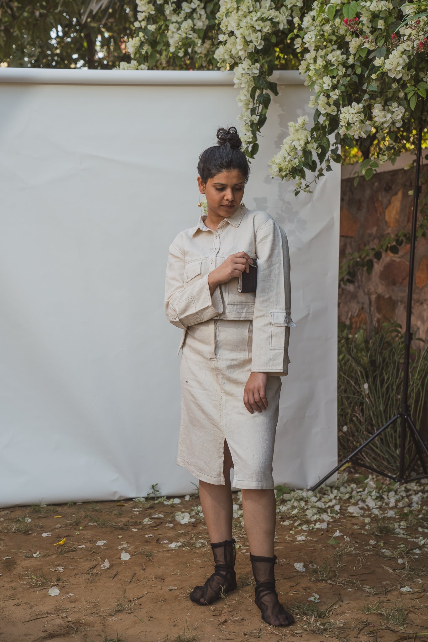 Cropped Jacket & Front Slit Skirt Set by Lafaani with 100% pure cotton, Casual Wear, Dress Sets, Kora, Organic, Regular Fit, Solids, Sonder, Sonder by Lafaani, Undyed and unbleached, Womenswear at Kamakhyaa for sustainable fashion