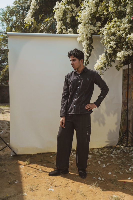 Panelled Shirt & Utility Pants by Lafaani with 100% pure cotton, Black, Casual Wear, Co-ord Sets, Menswear, Natural with azo free dyes, Organic, Regular Fit, solid, Solids, Sonder, Sonder by Lafaani at Kamakhyaa for sustainable fashion