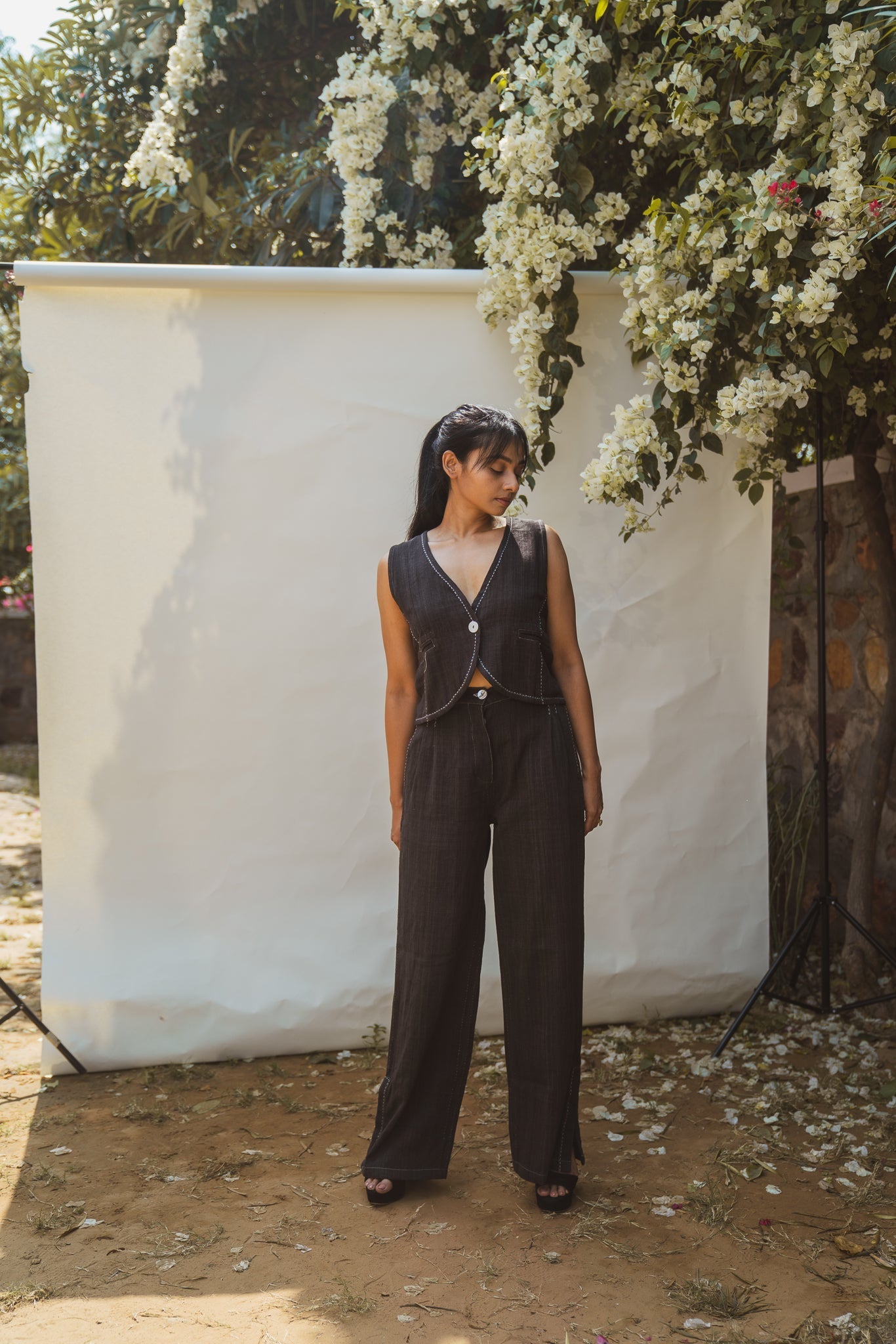 Waistcoat & Side Slit Pants by Lafaani with 100% pure cotton, Black, Casual Wear, Natural with azo free dyes, Organic, Regular Fit, Solids, Sonder, Sonder by Lafaani, Travel Co-ords, Womenswear at Kamakhyaa for sustainable fashion