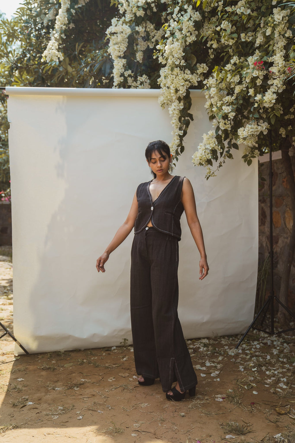 Waistcoat & Side Slit Pants by Lafaani with 100% pure cotton, Black, Casual Wear, Natural with azo free dyes, Organic, Regular Fit, Solids, Sonder, Sonder by Lafaani, Travel Co-ords, Womenswear at Kamakhyaa for sustainable fashion